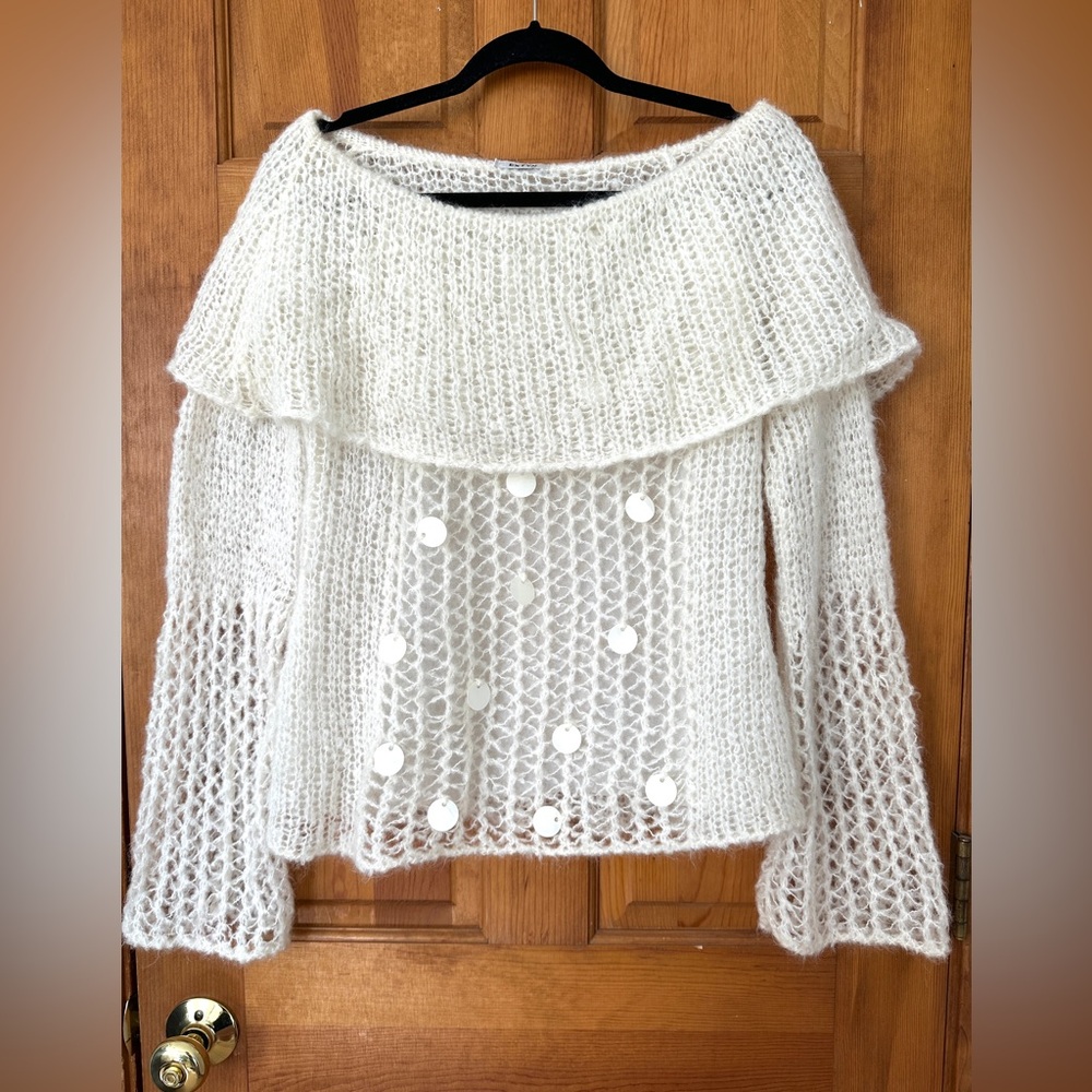 Elegant White Off The Shoulder Knit Crochet Sweater